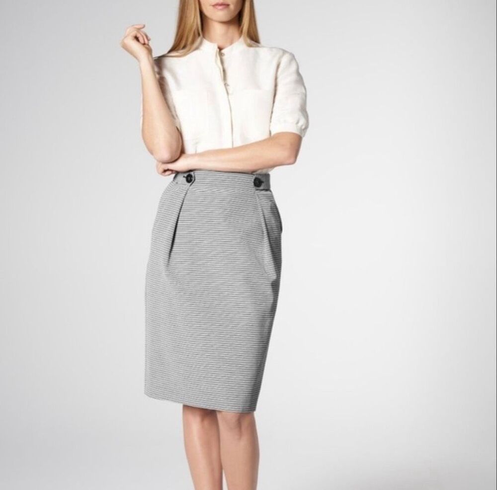 L.K. Bennett Mableen Stripe Pencil Skirt Black Ivory High Waist US 6